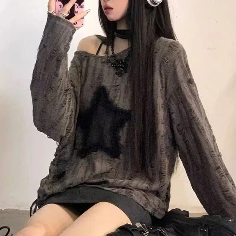 Y2K Hole Star Print T-Shirt Wo - Street Fashion Kpop avaliação e preço