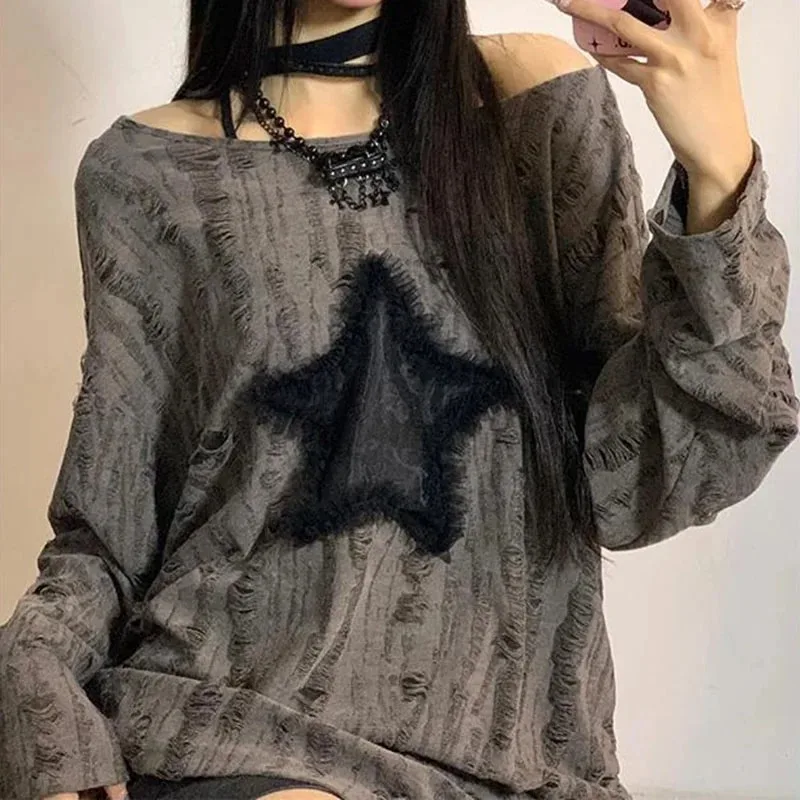 Y2K Hole Star Print T-Shirt Wo - Street Fashion Kpop avaliação e preço