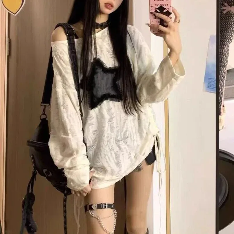 Y2K Hole Star Print T-Shirt Wo - Street Fashion Kpop avaliação e preço