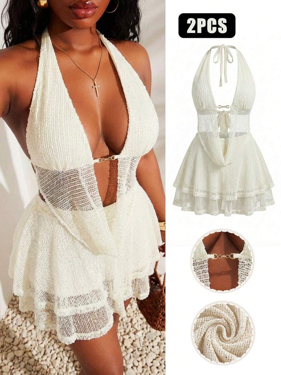 White Knitted Two-Piece Set Ha - Mesh Top Layering avaliação e preço